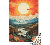 Floral Valley Landscape with River and Sun Puzzle Adulte 1000 Pièces, 70x50cm/1000pcs, Pièces Blanches pour Un Tri Pratique; pour Un W nd Paisible À La Maison