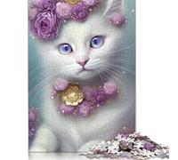 Floral White Cat Portrait Puzzle 1000 Pièces Educa Jouet en Bois Cadeau Unique De l'art De La Décoration Jeu Éducatif Challenge Toy Adultes & Enfants des 14 Ans 1000pcs (38x26cm)
