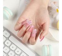 FloralGrace 24Pcs French Tip Press on Square Long Perle Boucle Cœur Charm Designs Glossy Ongles artificiels auto-adhésifs Press on Nails Pour Femmes Et Filles