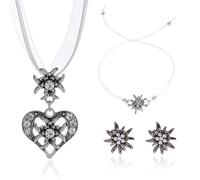 FloralGrace 4 pièces Ensemble de bijoux traditionnels bavarois avec collier strass Edelweiss, pendentif cœur, bracelet et boucles d'oreilles pour femme fête de la bière tenue traditionnelle Dirndl
