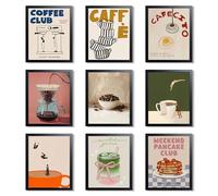 FloralGrace 9PCS Set d'Affiches Vintage Café, Matcha Latte Pancake Cuisine Affiche Murale, Dopamin Décoration Italienne Esthétique, Images de Cuisine Coffee Bar 20x30CM sans Cadre