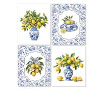FloralGrace Chinoiserie Ensemble De 4 Affiches Murales Citronnier Grandmillennial Décoration Intérieure Bleu Et Blanc Fleurs Porcelaine Tableau Imprimé Toile Œuvre d'art