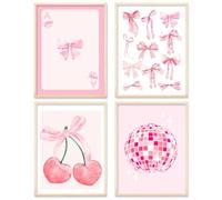 FloralGrace Coffret de 4 Affiches Tendances Coquette, Nœud Cerise Rose Boule Disco, Déco Murale esthétique pour Fille, Décoration de Chambre dortoir 20x30CM sans Cadre