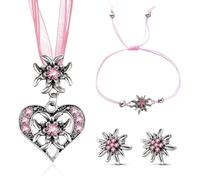 FloralGrace Lot de 4 bijoux traditionnels bavarois Dirndl avec collier en edelweiss avec strass, bracelet et boucles d'oreilles pour femme fête de la bière tenue Dirndl (rose)