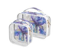 Floralmorphic Lot de 2 trousses de toilette pour homme Motif fleur d'iris bleu aquarelle Transparent Approuvé TSA Portable Voyage Maquillage Aéroport Conforme aux normes des compagnies aériennes