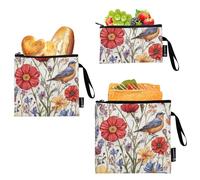 Florals Carnation Osteospermum Birds White_1 Lot de 3 sacs à goûter réutilisables étanches à fermeture éclair pour le travail, le bureau, les voyages, les pique-niques