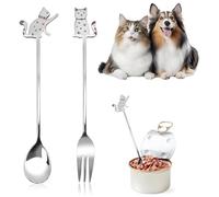 FloraMolly Cuillère à friandises pour chat, 2 petites fourchettes et cuillères en acier inoxydable mignon facile à nettoyer ensemble de cuillère de nourriture pour chat pour la nourriture humide