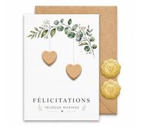 FloraVigo Ensemble de carte de vœux pour mariage, incluant enveloppe, sceau de cire et cœur en bois - format carnet A6.
