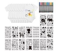 FloraVigo Lot de 8 dessins pour bébé - Ensemble de dessin avec 16 modèles de dessin et 12 stylos textiles - Pour jeux de fête prénatale, body