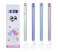 FloraVigo Pack de 4 stylos à encre gel effaçables, motif licorne, pointe sphérique pour enlever l’encre - Bleu, bleu ciel, rouge rose, violet, 0,5 mm de diamètre de pointe