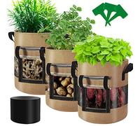 Florelf Lot de 3 Sacs de Culture Visibles pour Fraises de patates Douces de 21,8 l avec fenêtre à Rabat - Pots en Tissu Non tissé épais avec poignées - 3 étiquettes pour Plantes et Pare-Soleil