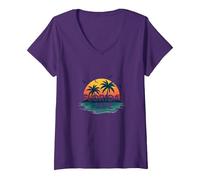 Florida Life : Tropical Paradise Sunset Beach T-Shirt avec Col en V, Femme, Violet, S