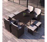 CONCEPT USINE - Salon De Jardin Florida 8 Personnes en Résine Tressée Marron - 1 Table en Verre - 4 Fauteuils - 4 Poufs - Coussins Blanc - Encastrable, Résistant, Imperméable