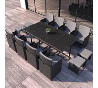 CONCEPT USINE - Salon De Jardin Florida 12 Personnes en Résine Tressée Noir - 1 Table en Verre - 8 Fauteuils - 4 Poufs - Coussins Gris - Encastrable, Résistant, Imperméable