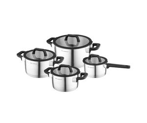 FLORINA CHEF Lot de 8 casseroles en acier inoxydable de qualité supérieure I Casseroles avec couvercle en verre et verre doseur I Passe au lave-vaisselle I Idéal pour cuisinière à induction,