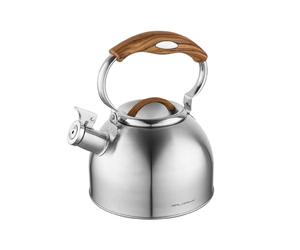 FLORINA JOE Bouilloire (2,5 l) I Acier Inoxydable I Bouilloire à Sifflet avec Poignée Soft-Touch I Imitation Bois I Adaptée pour Plaque à Induction, Gazinière, Plaque Électrique I Argent