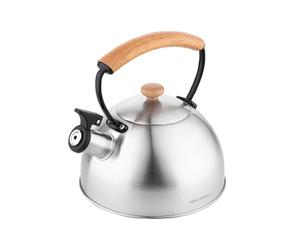 Florina Wooden Bouilloire à Induction, Retro Théière Bouilloire avec Sifflet, Toutes Cuisines, 2,3 L, Acier Inoxydable, Poignée en Bois, Poignée Cool Touch, Vintage, Pour Thé, Café, Couleur Inox