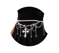 Florry Chaînes de ventre en perles pour la taille - Chaîne de taille à perles - Chaîne de corps avec croix argentée multicouche - Pour robe de femme, Free, Perle et alliage, Pas de gemme
