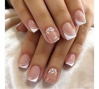 Floruvia 24 pièces ongles carrés courts français imprimés, faux ongles nude avec pointe française blanche et design minimaliste lignes en violet et or