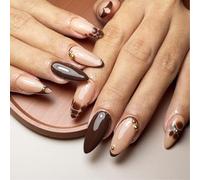 Floruvia 24 pièces Ongles pressés en Amande léopard, Ongles en Faux Fleur Marron 3D avec Perles d'or Style français, kit d'ongles Brillants à Coller pour l'automne et l'hiver pour la manucure des