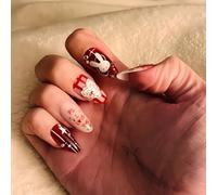 Floruvia 24 pièces Ongles rouges façon amande à poser, couverture totale, ongles adhésifs brillants avec motif de lapin mignon pour femmes, design de ongles pour la Saint-Valentin