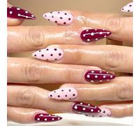 Floruvia 24Pcs Burgundy Pink Polka Dot Faux Ongles,Medium Almond Faux Ongles,Couverture Complète avec Onglets de Colle pour Manucure Automne Hiver (Bordeaux Rose)