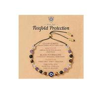 Floruvia Bracelet Oeil Maléfique à 5 Pierres, Ajustable en Cristal de Protection Fin, Quartz Clair Améthyste Tourmaline Noire Œil de Tigre, Bijou Spirituel Cadeau avec Carte de Signification Femmes