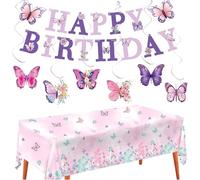 Floruvia Décorations de fête d'anniversaire Papillon, bannière Joyeux Anniversaire, tourbillons Suspendus et Nappe, décorations de fête à thème Papillon