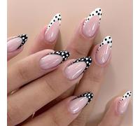 Floruvia Polka Dot French Press on Nails Almond Faux Ongles, Pointes Françaises Noires et Blanches, Ongles en Acrylique Brillants, Ongles Complets Réutilisables pour Femmes, 24 Pièces