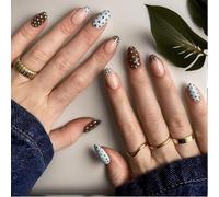 Floruvia Polka Dots Langues pré-collées Medium Almond Fake Nails Fall Brown Nails Press ons with Design, Full Cover Stick on Nails for Women Manucure, Réutilisable | Artificiel | Bande adhésive pour