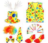 Flotory Costume de clown 18 pièces pour adulte comprenant 10 cornes de fête, gilet de clown bruyant, costume pour homme et femme, Halloween, cosplay