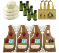 Flotory Costume d'explorateur 12 pièces pour enfants : 3 chapeaux d'aventure, 3 jumelles en plastique, 3 gilets et 3 poches de safari pour Halloween, cosplay et fêtes dans la jungle