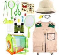 Flotory Costume d'explorateur de 17 pièces pour enfants comprenant 1 gilet d'aventure, 14 outils de chasse aux insectes, 1 chapeau, 1 jumelles vertes pour garçons et filles