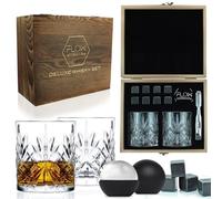 FLOW Barware Ensemble de Verres à Whisky en Cristal avec Pierres à Whisky dans Coffret Cadeau en Bois Parfaits pour Le Scotch, Le Bourbon, Le gin-Tonic et Autres Cocktails