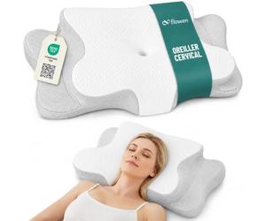 Flowen Oreiller Ergonomique Cervical Coussin Memorie Forme Orthopédique Idéal pour Le Soutien du Cou et de la Tête Anti Ronflement Anti Acarien Hypoallergénique Taie d'oreiller Polyester