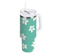 Flower and White Turquoise Gobelet sous vide de 1200 ml avec couvercle anti-fuite et paille - Bouteille d'eau réutilisable pour enfants - Tasse à café de 1200 ml pour école, sport, garderie, camping
