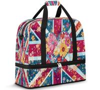 Flower Art Sac de voyage pour femme et homme Motif drapeau du Royaume-Uni Sac fourre-tout pliable 47 l Pour le sport, la gym, le yoga, couleur, 47 L, Organiseur de sac
