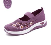 Flower Embroidered Slip on Knitting Flat Loafers for Women Comfortable Soft Sole Tennis Shoes Breathable Mesh Comfy Platform Non Slip Walking Sneakers (Purple,37)