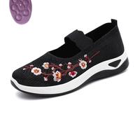 Flower Embroidered Slip on Knitting Flat Loafers for Women Comfortable Soft Sole Tennis Shoes Breathable Mesh Comfy Platform Non Slip Walking Sneakers (Black,39)