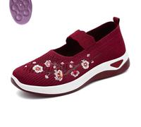 Flower Embroidered Slip on Knitting Flat Loafers for Women Comfortable Soft Sole Tennis Shoes Breathable Mesh Comfy Platform Non Slip Walking Sneakers (Red,37)