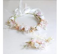 Flower Headband Pearl Couronne de Fleurs, Mariage Nuptiale Fleur Couronne/Bracelet Fleurs Ensemble avec Ruban pour Mariage Festival Partie Voyage Photo Props(Poire)