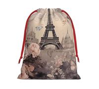Flower Paris Tour Eiffel Sac cadeau en velours super doux avec cordon de serrage, sac de rangement complet imprimé pour Noël et rangement quotidien