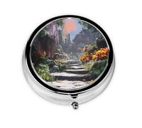 Flower Path Cottage Pilulier personnalisé unique - Pilulier de voyage 7 jours avec motif imprimé complet - Mini organisateur de médicaments plaqué fer