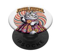 Flower Purrwer - USA Peace Cat with 1776 - Retro Groovy Art PopSockets PopGrip Adhésif