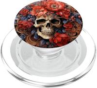 Flower Skull Decor Floral Goth Skull with Red Poppy Flowers PopSockets PopGrip pour MagSafe
