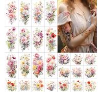 Flower Temporary Tattoo Sleeve Sheets, 12 Large Watercolor Floral Tattoo Stickers, 13 Small Fake Flower Tattoo Templates For Women And Girls
