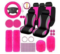 Floweringbeter Ensemble complet d'accessoires de voiture en peluche pour volant, frein à main et levier de vitesse pour une mise à niveau intérieure élégante (rose rouge)