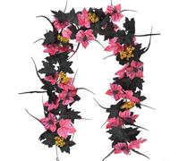 Floweringbeter Guirlande d'Halloween de 170 cm avec feuilles noires, fleurs roses, araignées effrayantes, décoration pour fête, maison, porte, cheminée, mur, escalier (vigne 01)