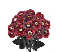 Floweringbeter Lot de 15 bouquets de roses artificielles avec globe oculaire pour fête d'Halloween, 38 cm, noir, orange, violet, rouge, fleurs en tissu de soie (rose rouge)