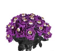 Floweringbeter Lot de 15 bouquets de roses artificielles avec globe oculaire pour fête d'Halloween, 38 cm, noir, orange, violet, rouge, fleurs en tissu de soie (rose violette)